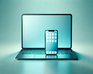 DALLE 2024 10 22 11.07.01 A wide image featuring a laptop and a smartphone side by side on a simple turquoise background. The devices are sleek and modern with the laptop scre